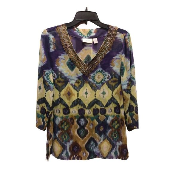 Chico’s Women’s Bohemian Patterned Sheer Tunic Blouse Metal Embroidered Size 1 M - Picture 1 of 7